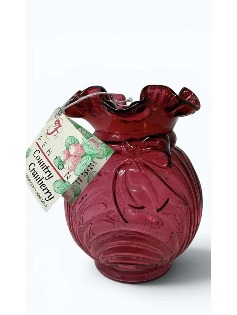 Fenton Art Glass Country Cranberry Caprice Bow Drape Vase Vintage Ruffle Tag